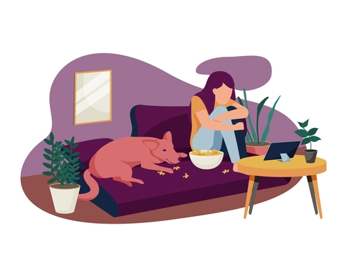 People with dogs flat composition with home scenery and girl watching movie with dog lying on bed vector illustration