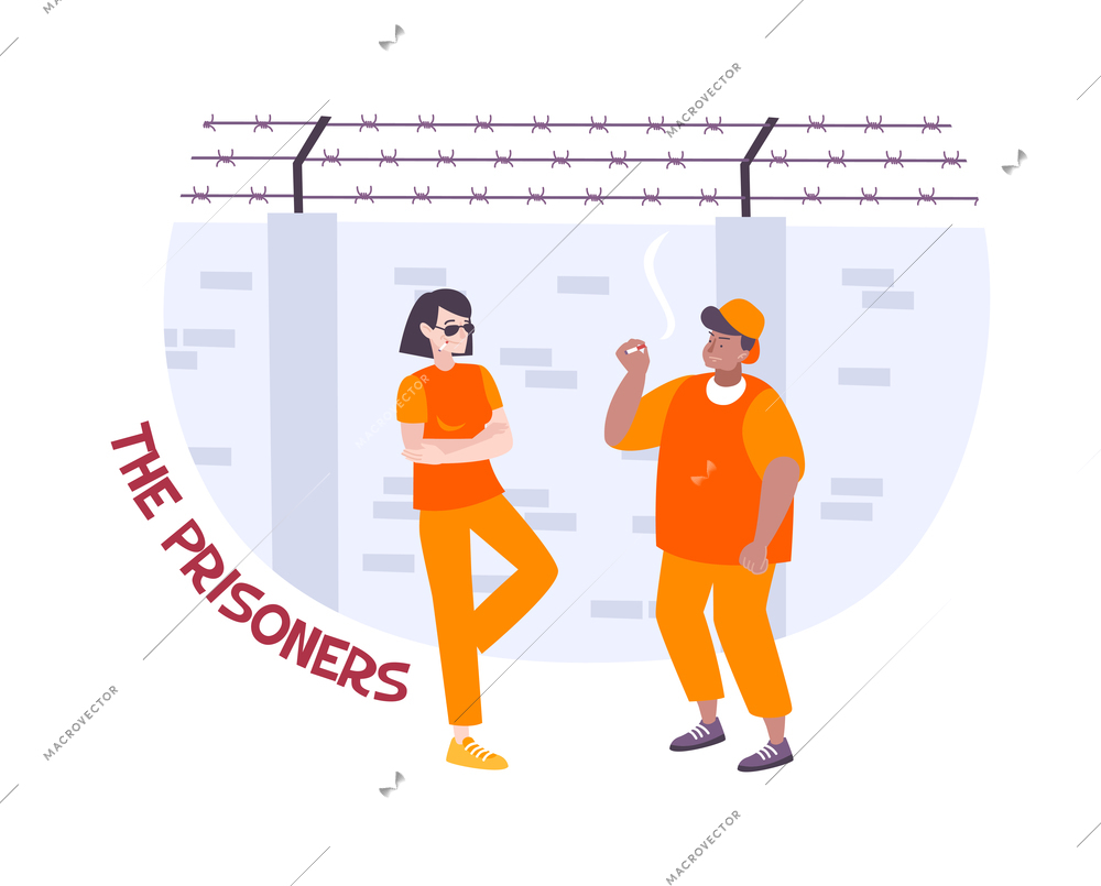 Prison composition with flat characters of prisoners in yard with text and building silhouettes vector illustration