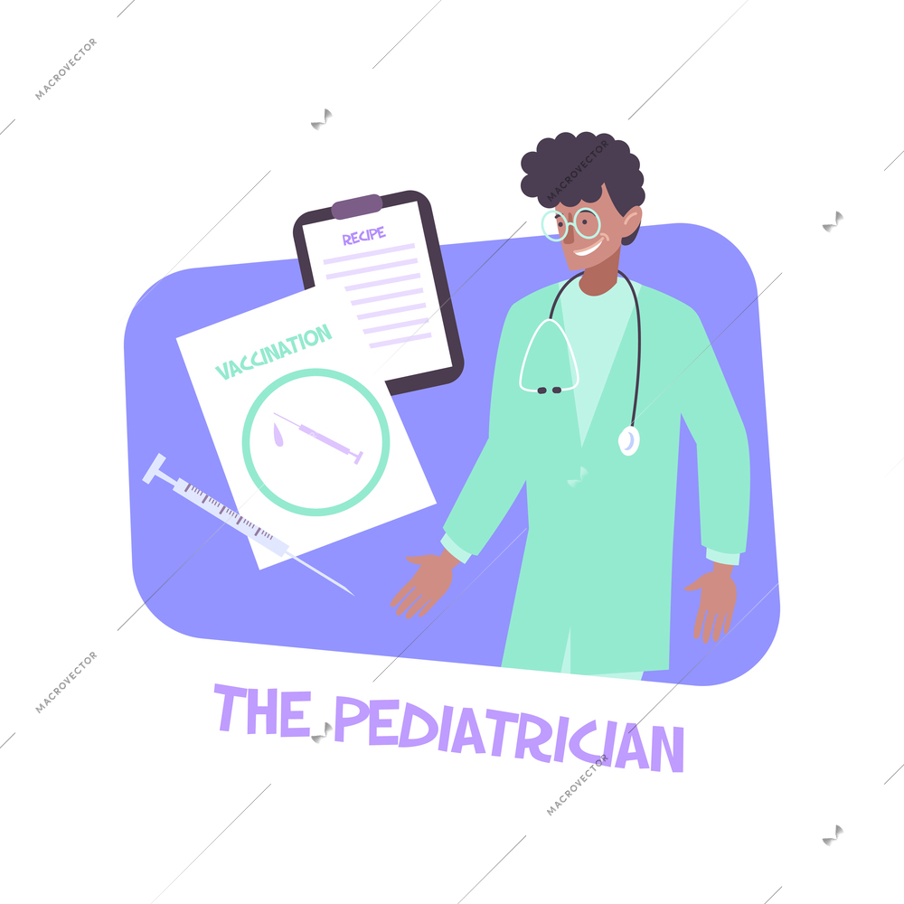 Pediatric composition with flat icons of medical paperwork stethoscope and character of doctor vector illustration