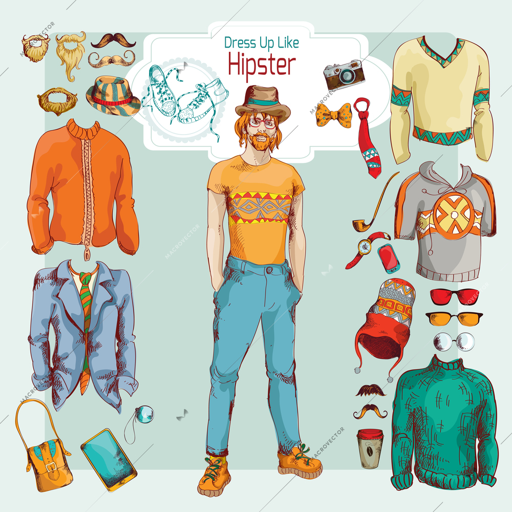 Hipster boy pack sketch retro decorative icons clothes and accessories set vector illustration