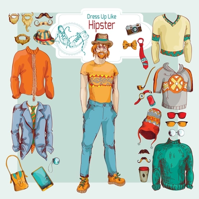 Hipster boy pack sketch retro decorative icons clothes and accessories set vector illustration