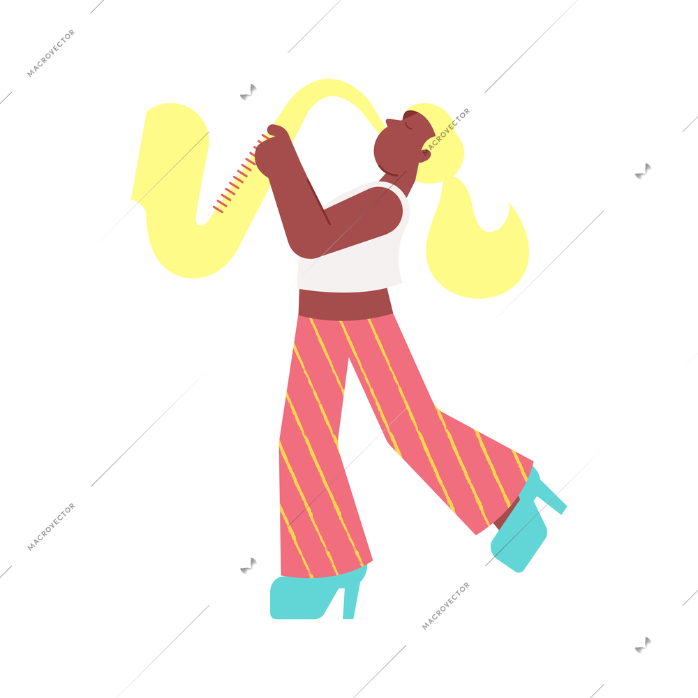 Singer star flat composition with isolated character of black woman playing sax vector illustration