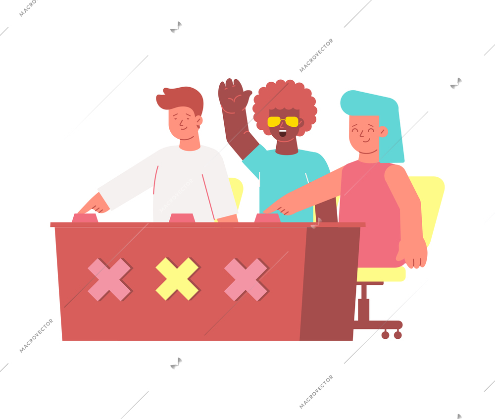 Singer star flat composition with human characters of talent show judges sitting at table with cross signs vector illustration