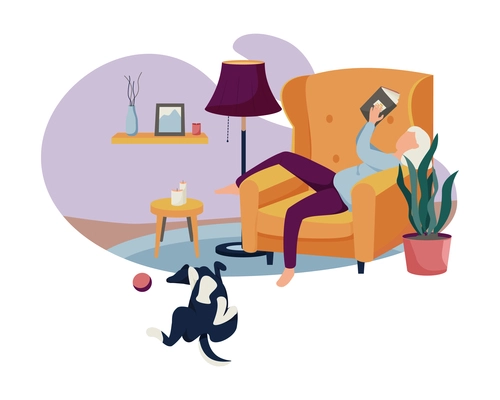 People with dogs flat composition with living room interior and woman reading book on chair with dog and ball vector illustration