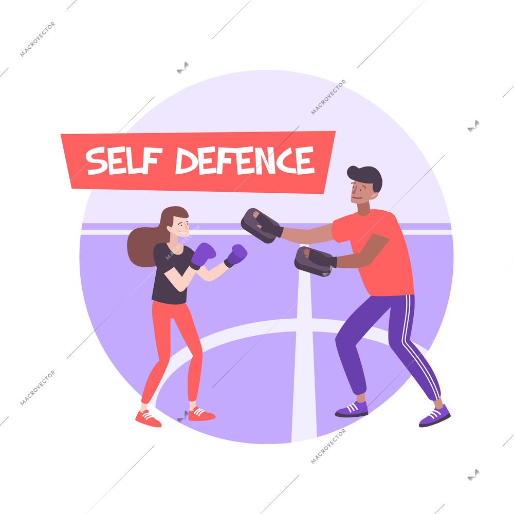 Self defense composition with flat characters of male boxing coach and female trainee with editable text vector illustration