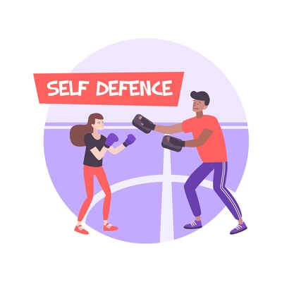 Self defense composition with flat characters of male boxing coach and female trainee with editable text vector illustration