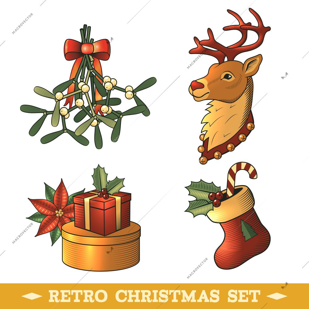 Big christmas colored icons set with deer sock gift boxes isolated vector illustration