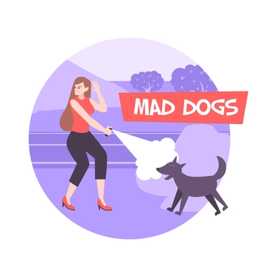 Self defense composition with flat characters of running girl spraying pepper to mad dogs with text vector illustration