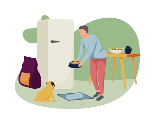 People with dogs flat composition with home scenery and man feeding his pet holding dish with food vector illustration