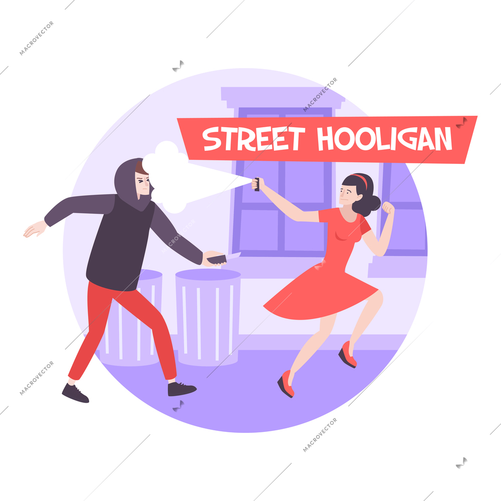 Self defense composition with flat characters of running girl spraying pepper to hooligans face with text vector illustration