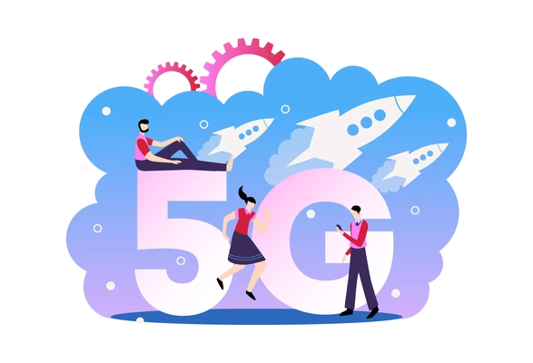 5g internet technology composition with text and characters of users looking at sky wth flying rockets vector illustration