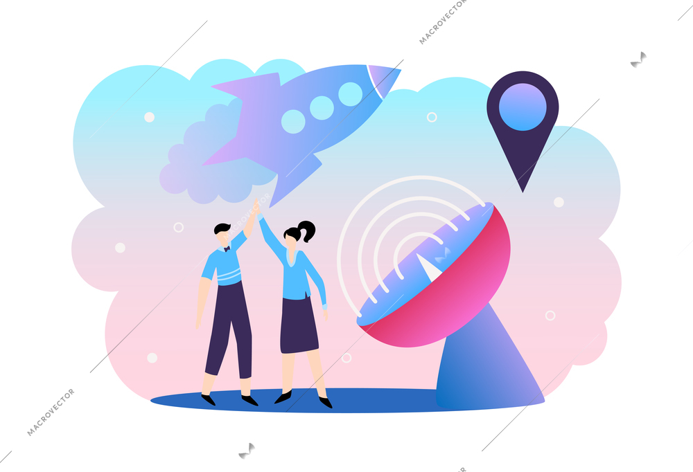 5g internet technology composition with happy human characters and satellite dish with location sign and flying rocket vector illustration