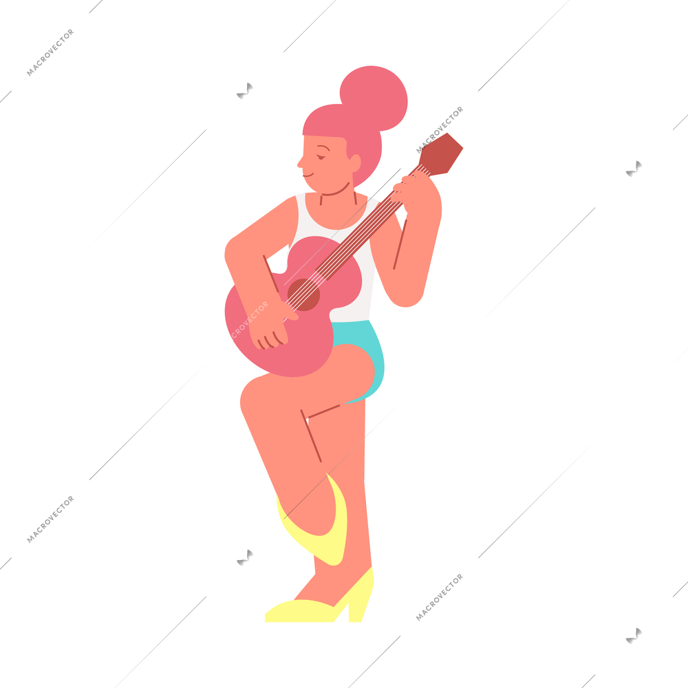 Singer star flat composition with isolated character of woman playing guitar vector illustration