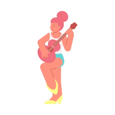 Singer star flat composition with isolated character of woman playing guitar vector illustration