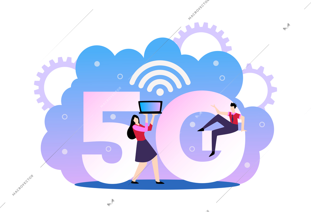 5g internet technology composition with text and wireless sign with gear icons and human characters with gadgets vector illustration