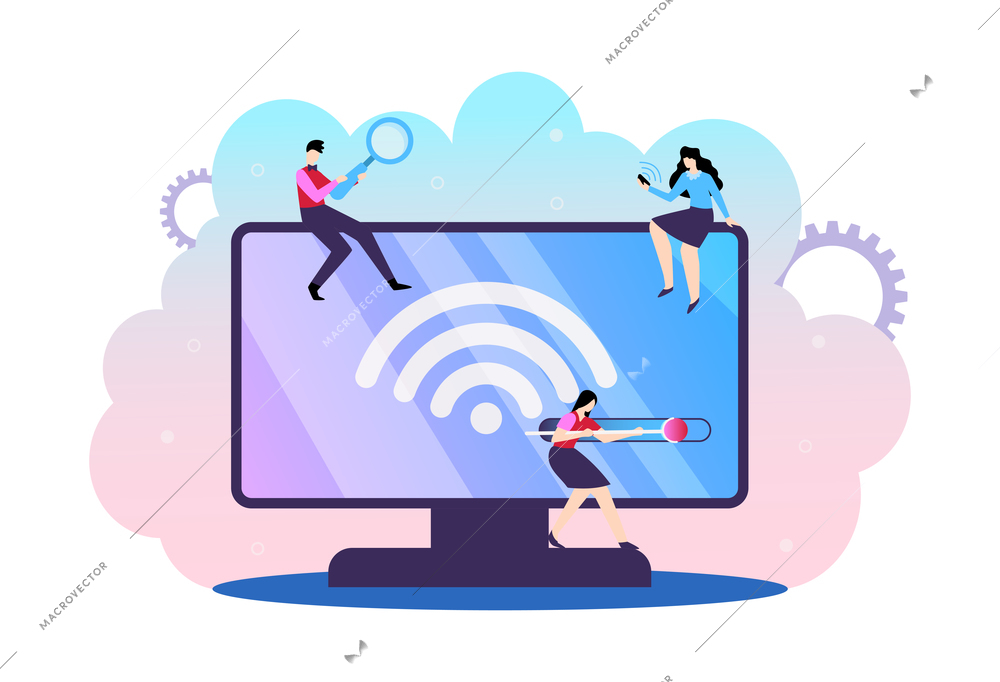 5g internet technology composition with wireless sign on desktop computer with small human characters sitting on top vector illustration