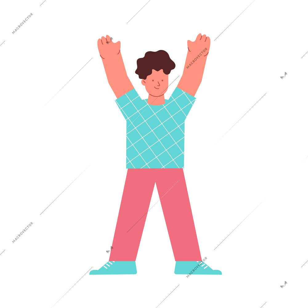 Singer star flat composition with isolated character of boy raising hands vector illustration