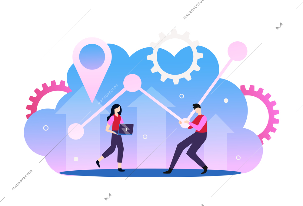 5g internet technology composition with icons of cloud gear and characters of coworkers vector illustration