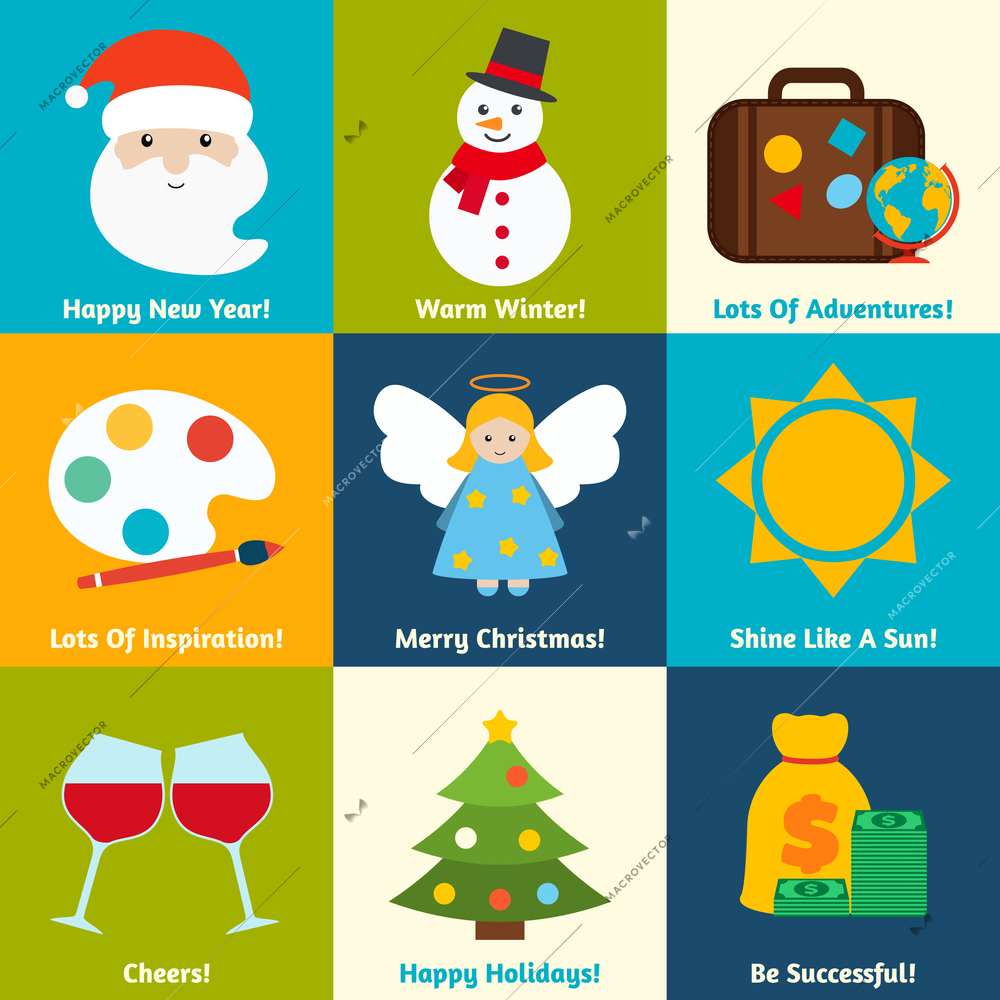 Merry christmas and happy new year wishes mini post card set isolated vector illustration