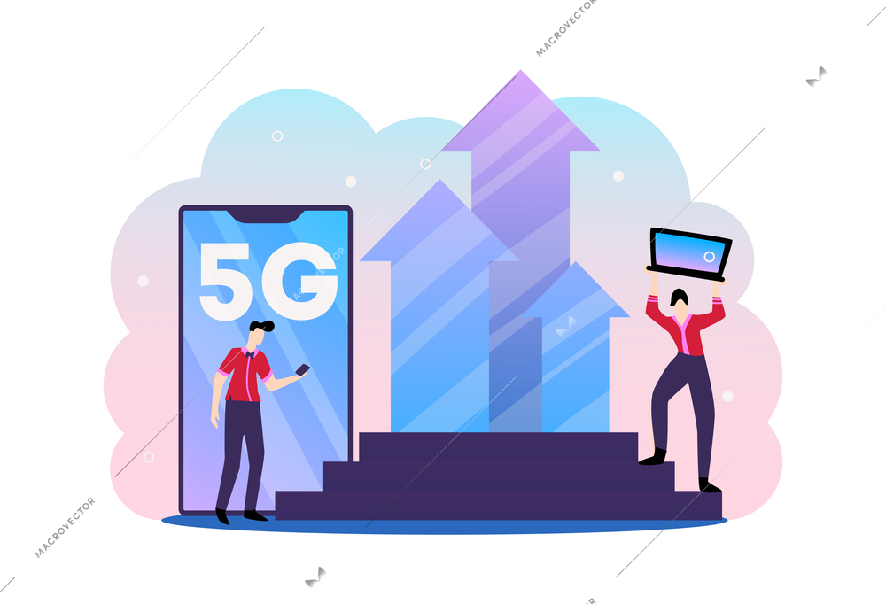 5g internet technology composition with characters of people with gadgets on stairs with upward arrows vector illustration