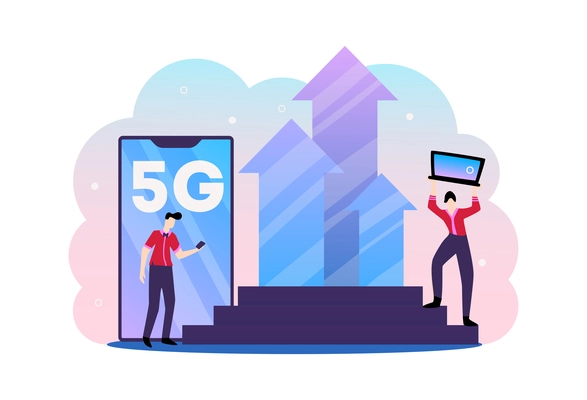 5g internet technology composition with characters of people with gadgets on stairs with upward arrows vector illustration