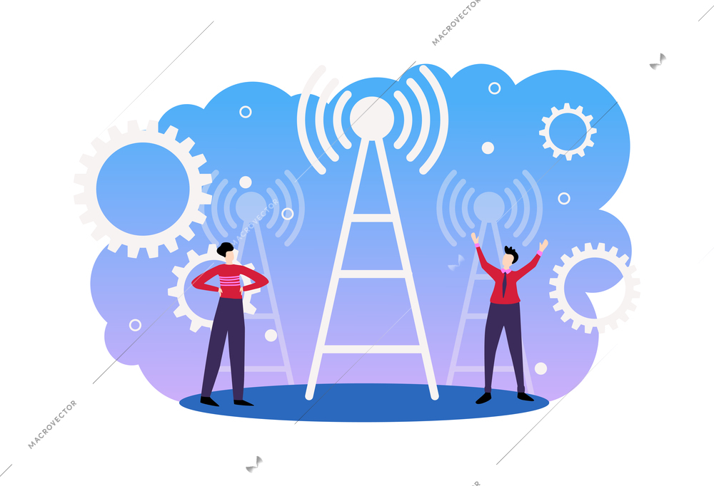 5g internet technology composition with images of 5g cellular tower surrounded by gear signs and people vector illustration