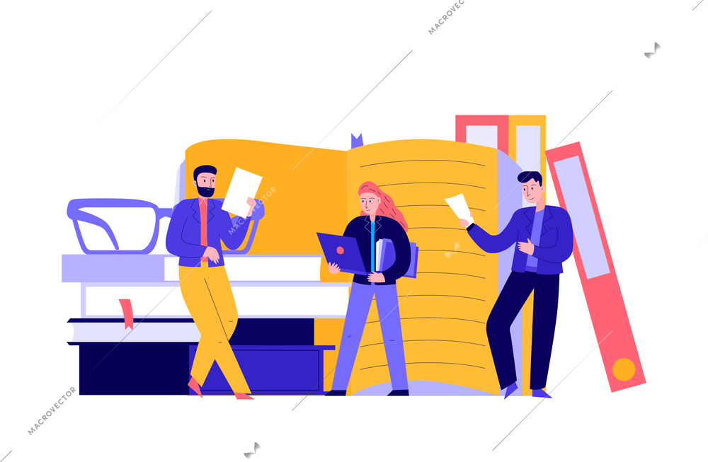 Lawyer composition with doodle style human characters and stack of books with glasses vector illustration