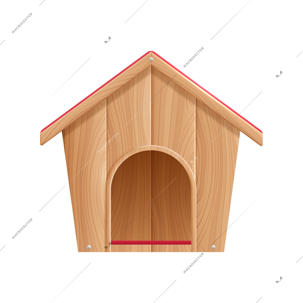 Pet dog accessories realistic composition with isolated image of wooden dog house vector illustration