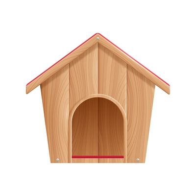 Pet dog accessories realistic composition with isolated image of wooden dog house vector illustration