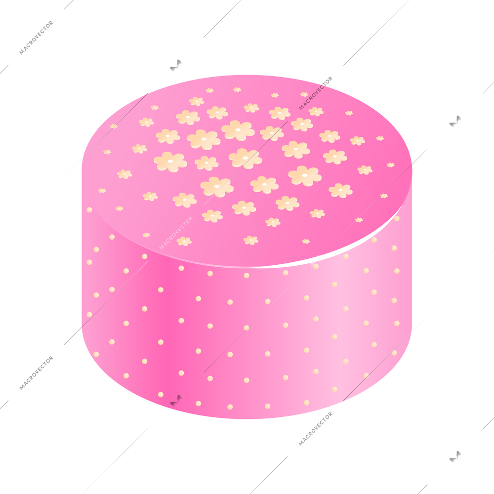 Isometric anniversary cake composition with isolated image of sweet pink cake with floral decorations vector illustration