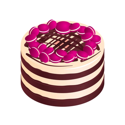 Isometric anniversary cake composition with isolated image of creamy cake with macaroon topping vector illustration