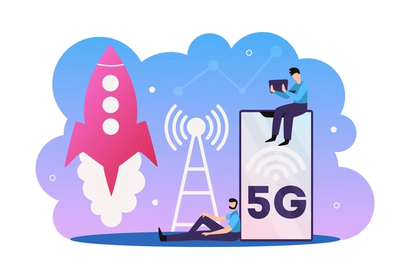 5g internet technology composition with rocket taking off and cellular tower with smartphone and human character of user vector illustration