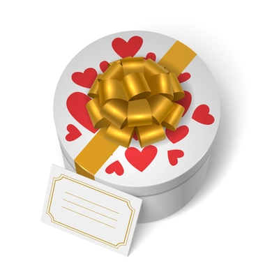 Valentines present box with red hearts, yellow ribbon with bow and blank love message card vector illustration