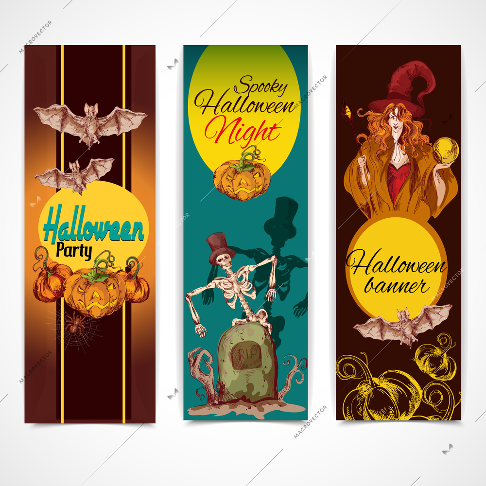 Halloween party celebration traditional colored sketch banners vertical set isolated vector illustration