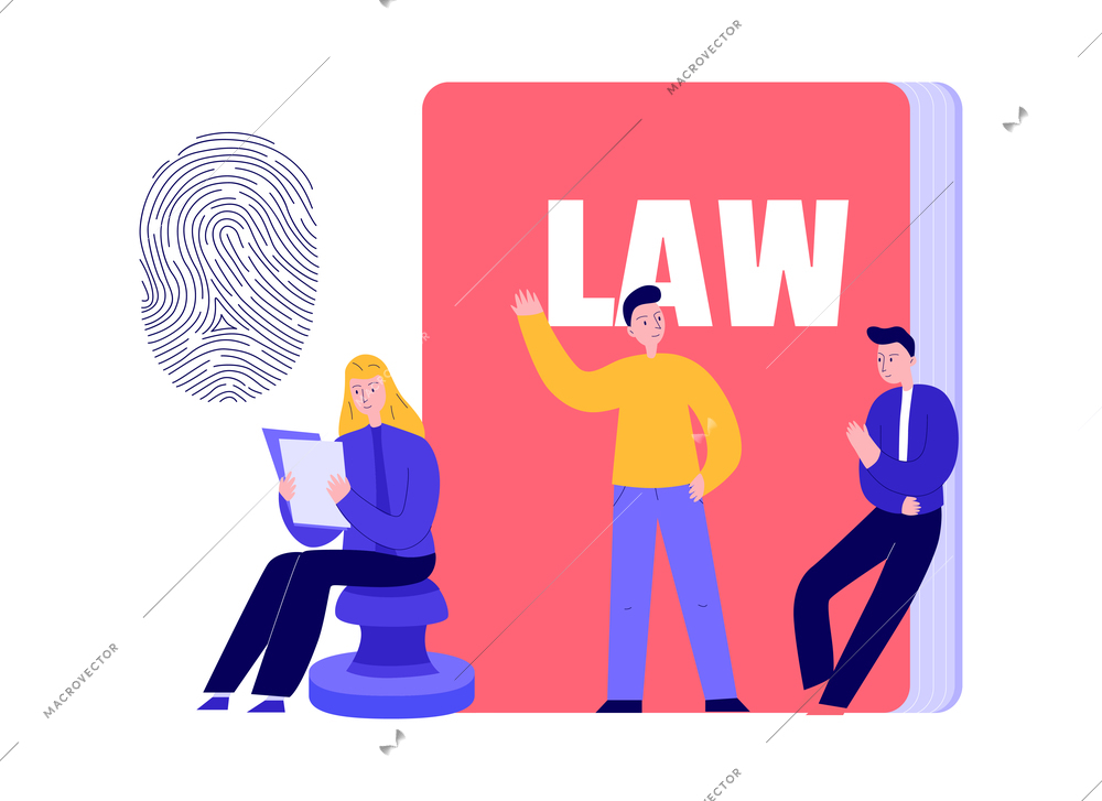 Lawyer composition with doodle style human characters and images of book and fingerprint vector illustration