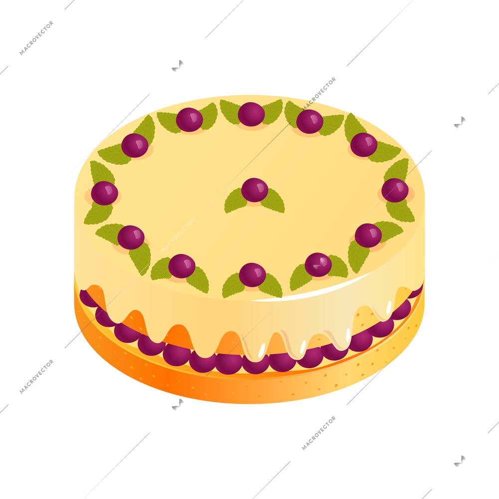 Isometric anniversary cake composition with isolated image of cake with blueberry topping and leaves of peppermint vector illustration