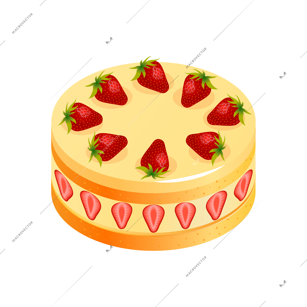 Isometric anniversary cake composition with isolated image of sweet cake with strawberry topping vector illustration