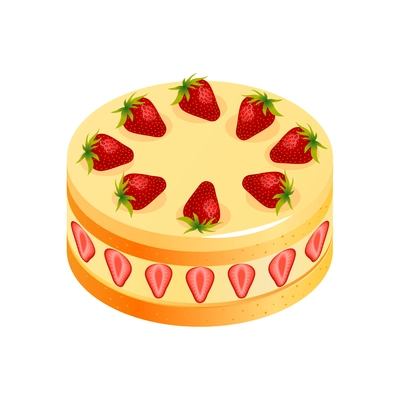 Isometric anniversary cake composition with isolated image of sweet cake with strawberry topping vector illustration