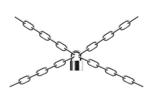 Metal rusty chain realistic composition with isolated images of chains connected to lock vector illustration