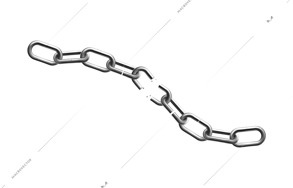 Metal rusty chain realistic composition with isolated images of breaking chain vector illustration