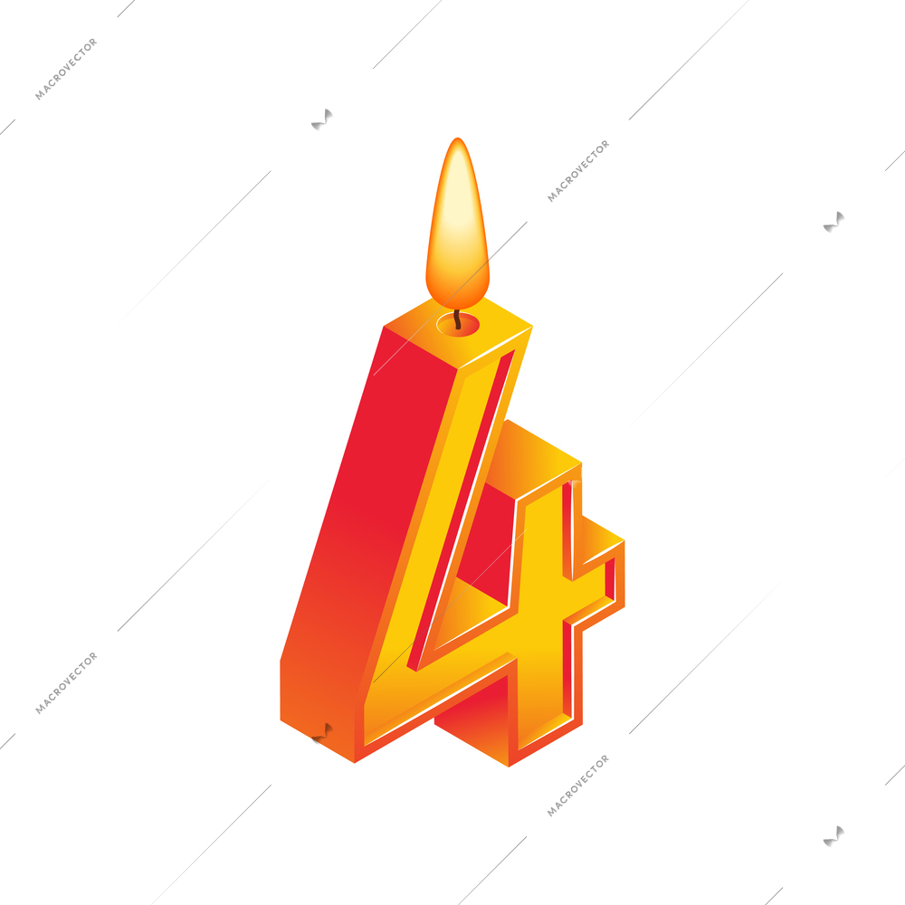 Isometric anniversary numbers composition with isolated image of candle with four digit shape vector illustration