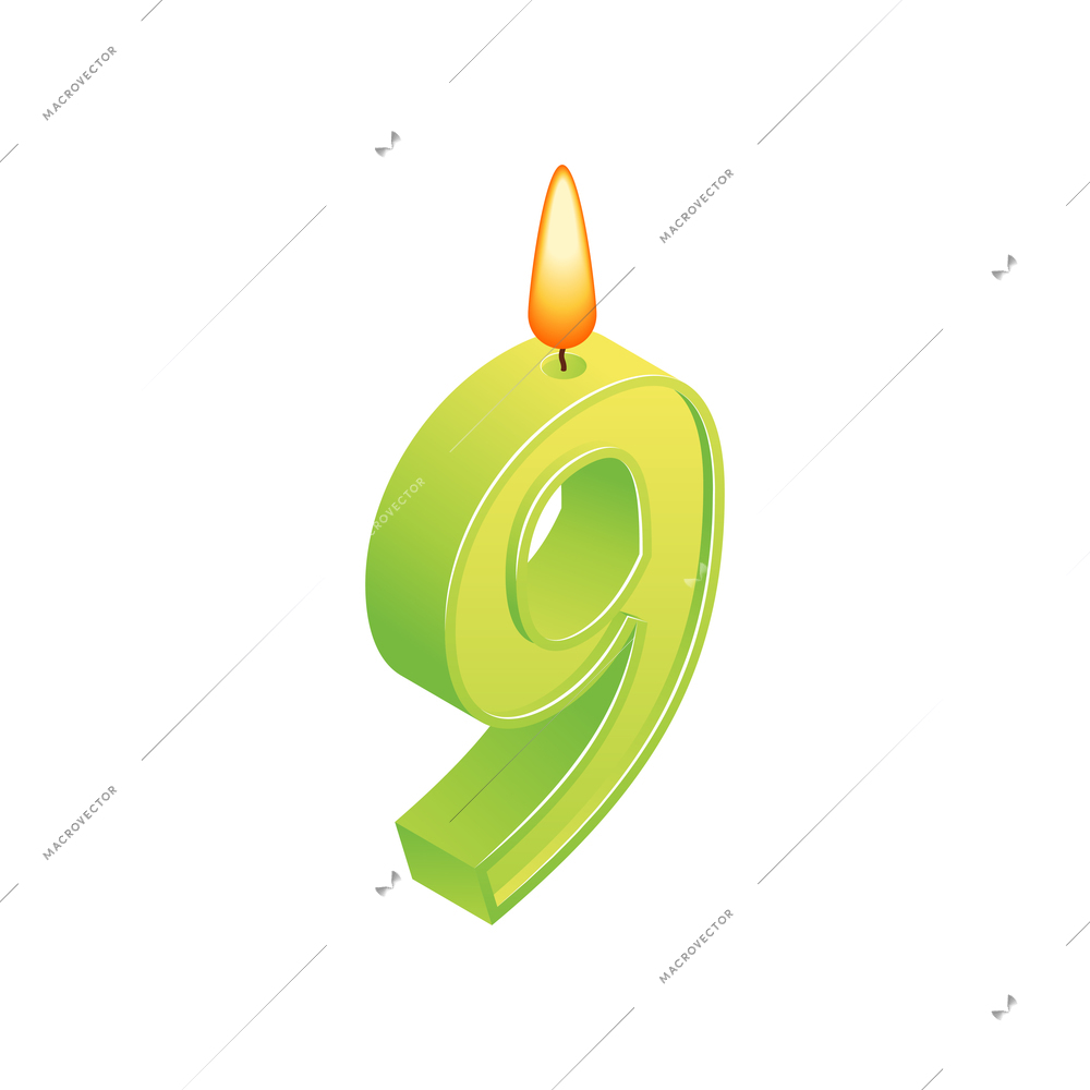 Isometric anniversary numbers composition with isolated image of candle with nine digit shape vector illustration