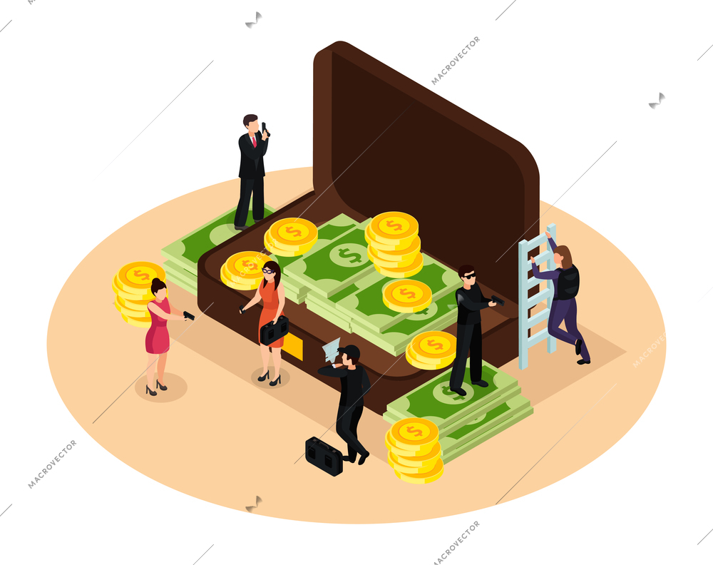 Special agent spy isometric composition with image of suitcase filled with cash surrounded by criminals and agents vector illustration