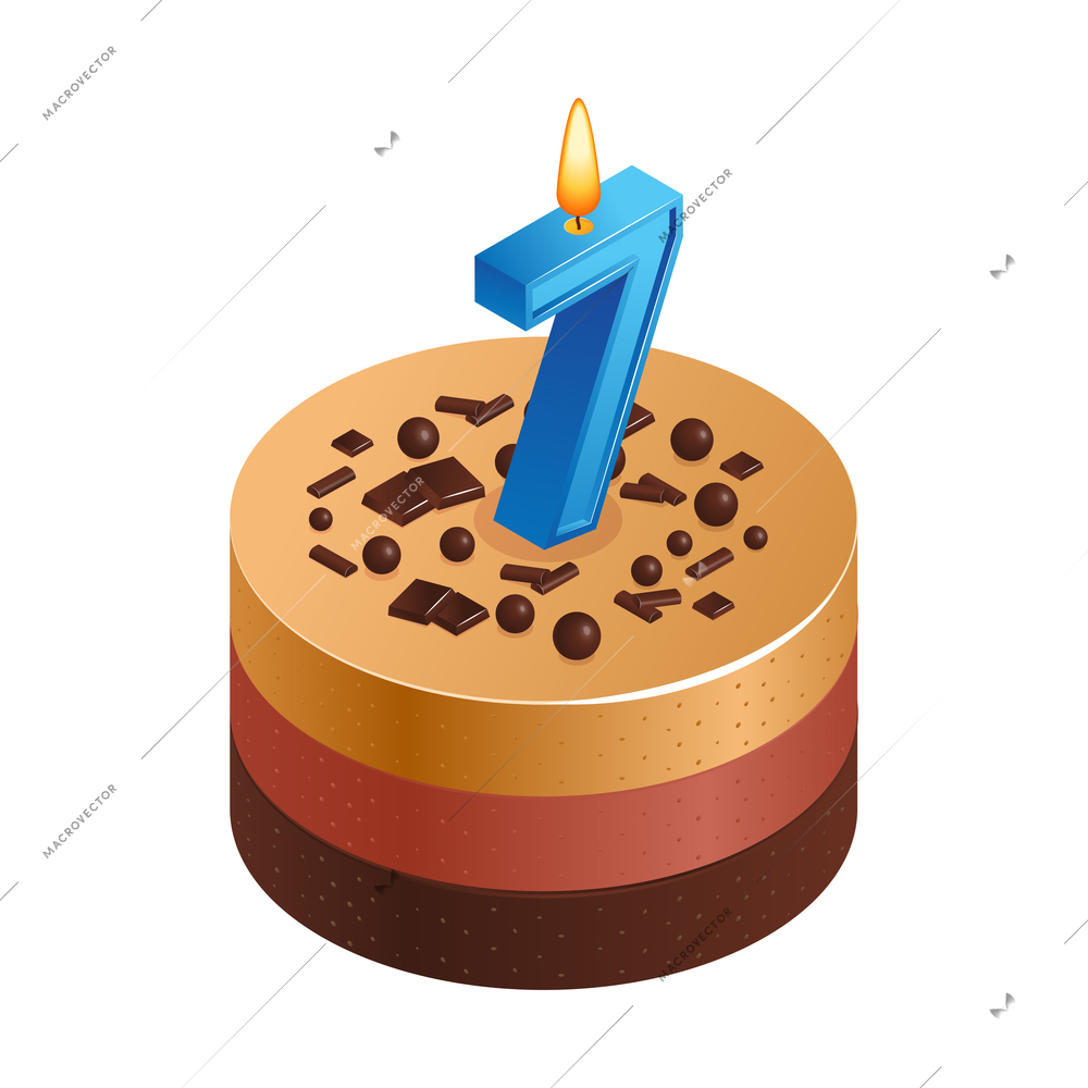 Isometric anniversary numbers composition with isolated image of birthday cake with digit shaped candle vector illustration