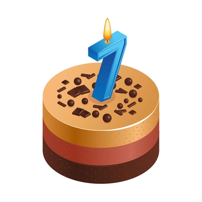 Isometric anniversary numbers composition with isolated image of birthday cake with digit shaped candle vector illustration