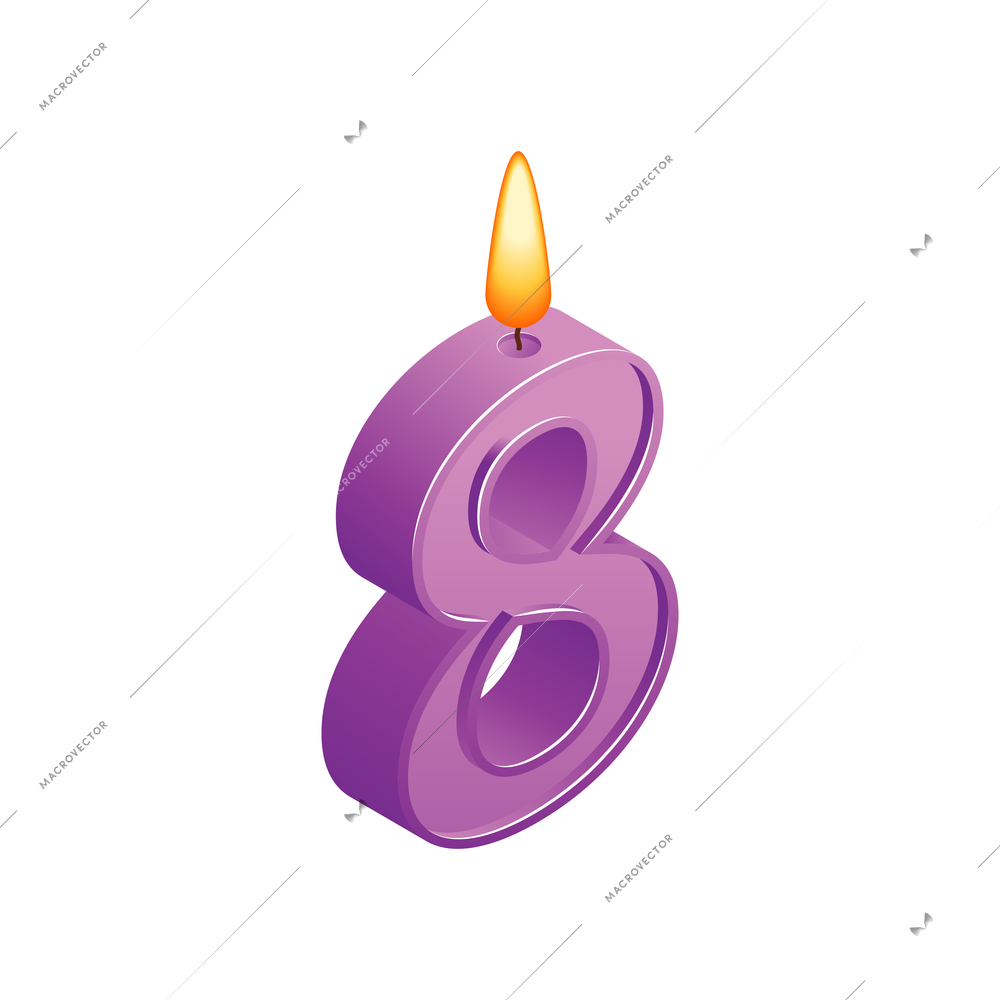 Isometric anniversary numbers composition with isolated image of candle with eight digit shape vector illustration
