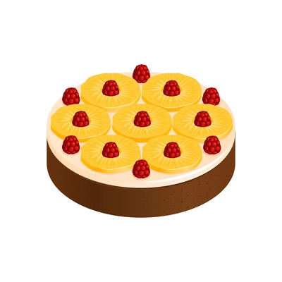 Isometric anniversary cake composition with isolated image of sweet cake with slices of pineapple and raspberries vector illustration