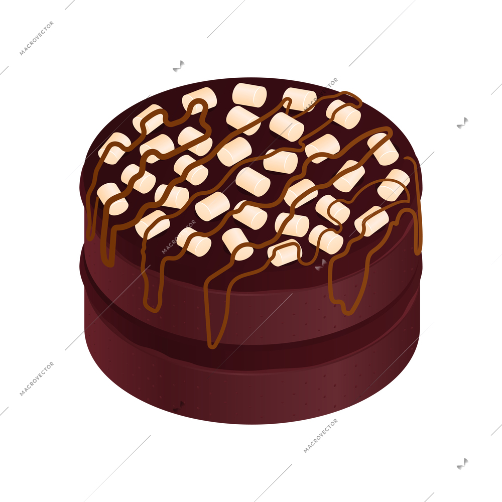 Isometric anniversary cake composition with isolated image of sweet cake with marshmallow topping and caramel vector illustration