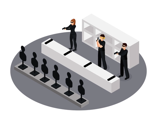 Special agent spy isometric composition with view of shooting range with human body shaped targets and covert operatives vector illustration