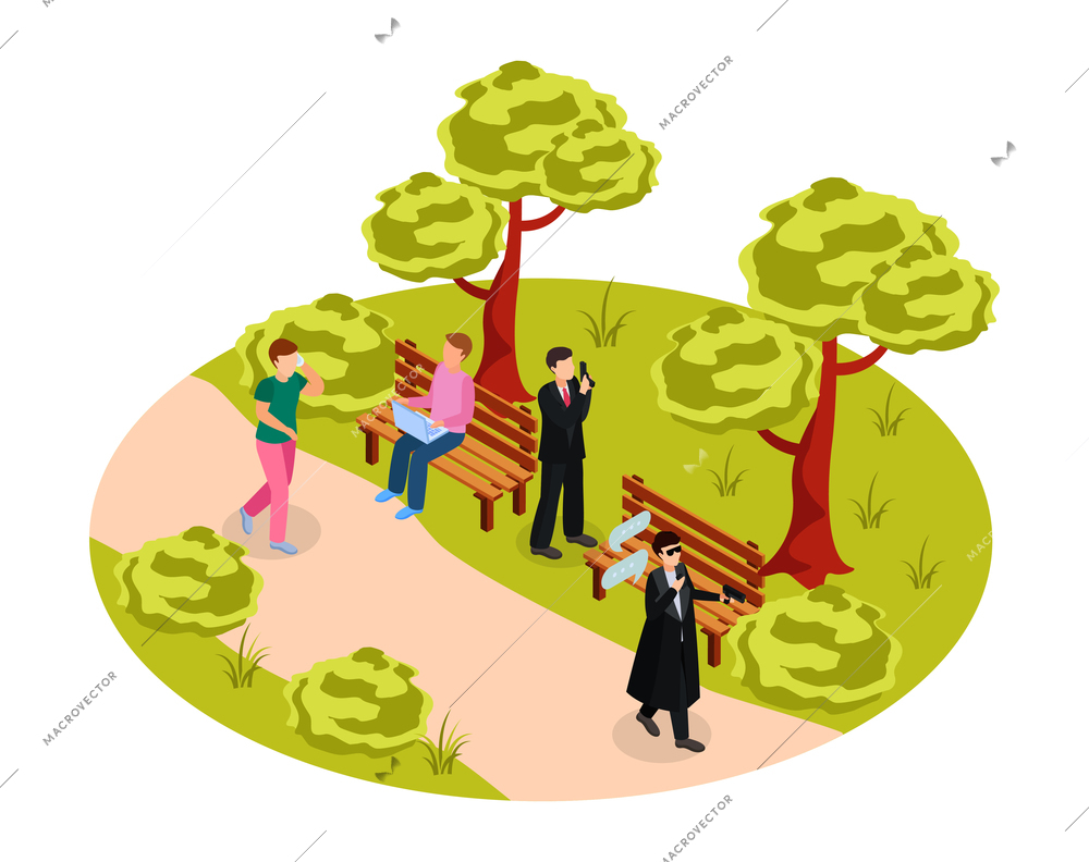 Special agent spy isometric composition with view of public park with walking people and covert operatives with guns vector illustration